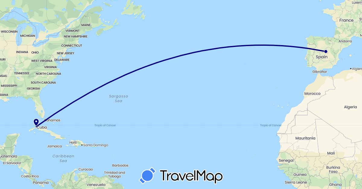 TravelMap itinerary: driving in Cuba, Spain (Europe, North America)